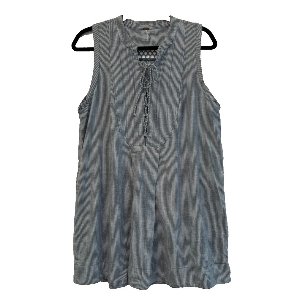 Free People Chambray Stripe Linen Cotton Sleeveless Beach Mini Dress Size Medium